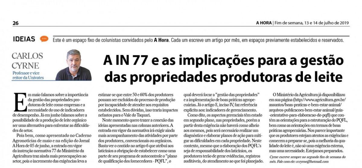 A IN 77 e as implicações para a gestão das propriedades produtoras de leite