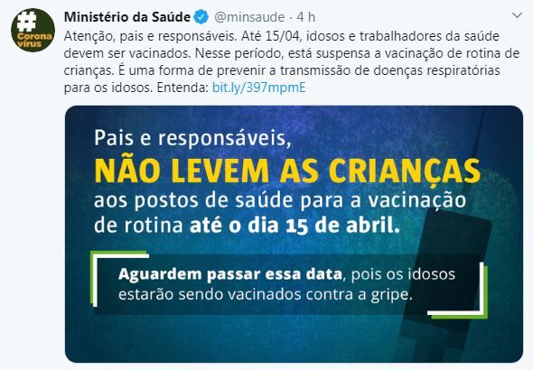 Minstério da Saúde suspende vacinação em crianças até 15 de abril