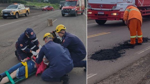 Motociclista fica ferida ao cair em buraco na 453, em Cruzeiro do Sul