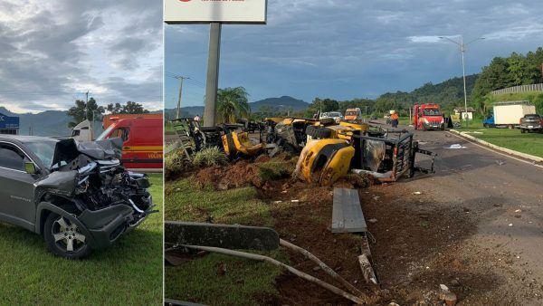 Após colisão no trevo de Westfália, carreta derruba empilhadeiras