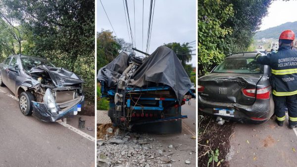 Caminhão perde freios, atinge carro e colide contra poste em Teutônia