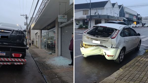 Colisão entre veículos termina com fachada de loja atingida no Florestal