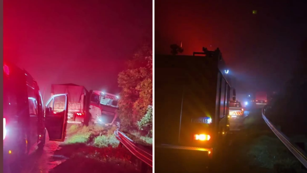 Carreta perde o controle, atinge defensa metálica e faz “L” na BR-386