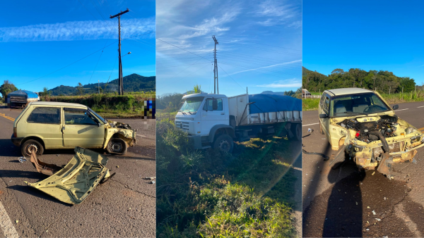 Colisão entre caminhão e carro deixa trânsito em meia pista na RS-419