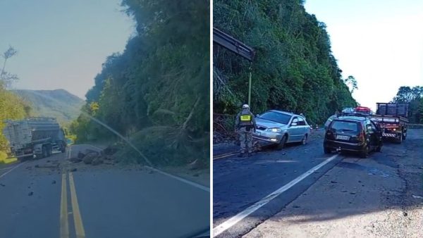 Queda de barreira na ERS-130 causa bloqueio e carro colide contra pedras